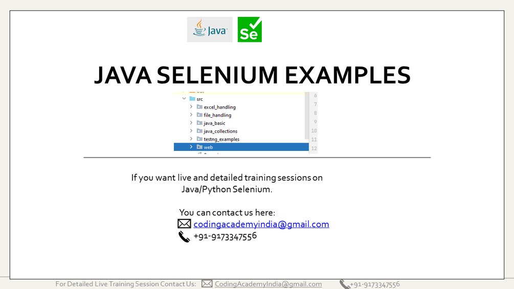 CodingAcademy1's tweet card. This is an ideal product if you want to look at different examples for Java Selenium. ===================================================================Here is the list of examples which are cover...