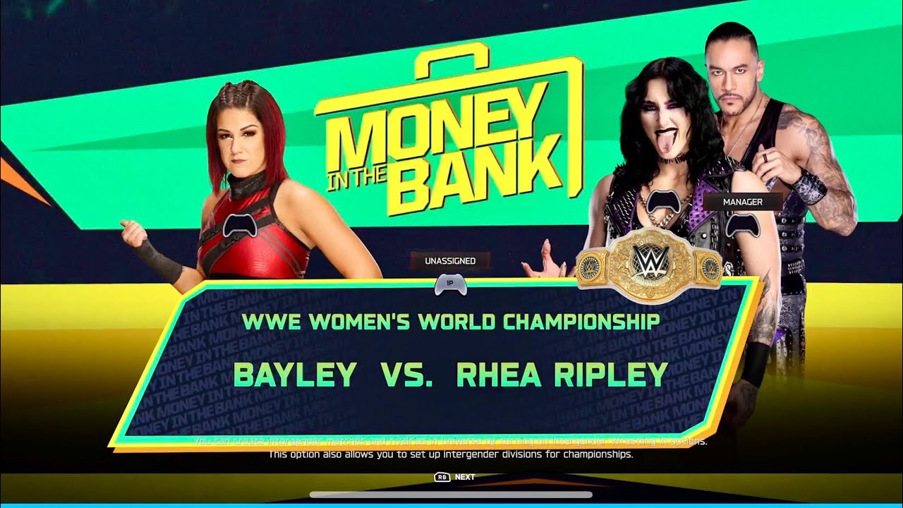 M3x1ca_NaHuaTL's tweet card. WWE2K25 UNIVERSE💭 MONEY IN THE BANK July wk1, Bayley vs Rhea Ripley...