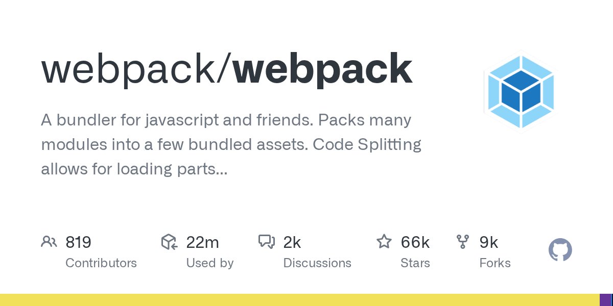 JavaScript50000's tweet card. A bundler for javascript and friends. Packs many modules into a few bundled assets. Code Splitting allows for loading parts of the application on demand. Through "loaders", module...