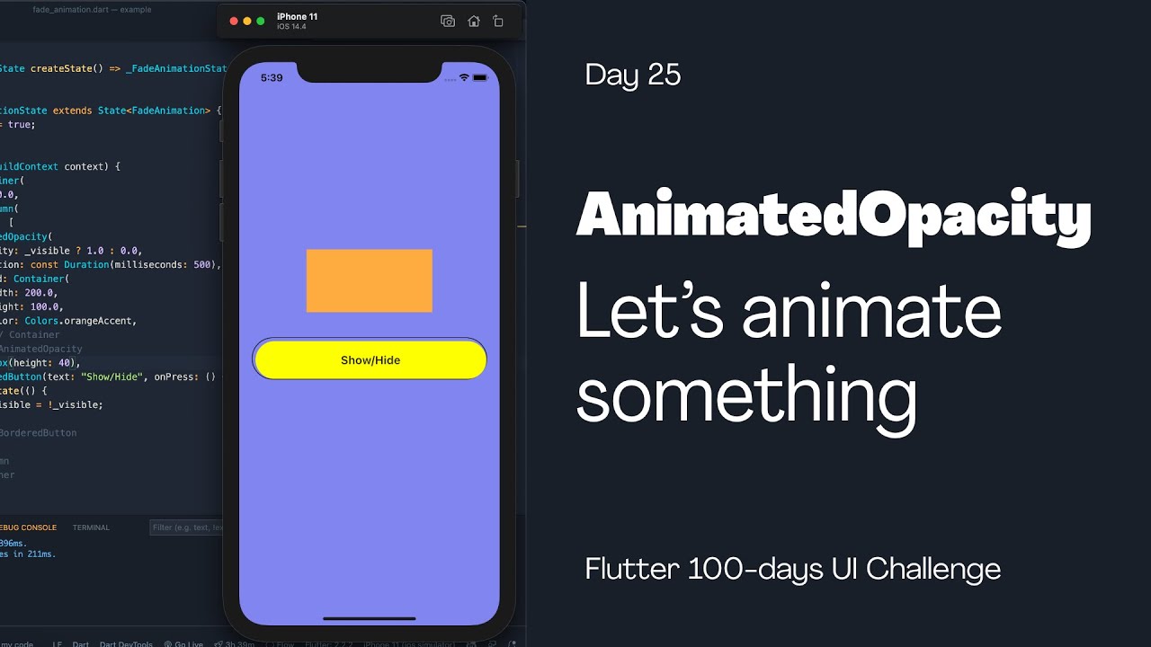 afgprogrammer's tweet card. Let's work with the AnimatedOpacity widget in Flutter - Day 25 #shorts