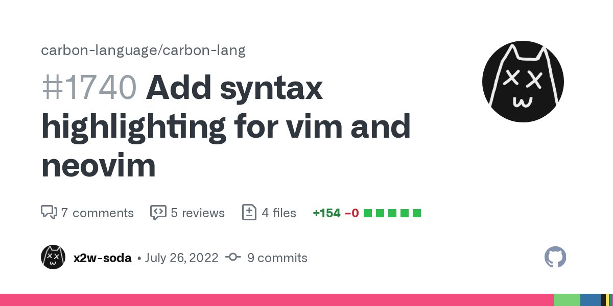 Vicfred's tweet card. PR to add a vim syntax file to support syntax highlighting for .carbon files. Since the Carbon language specification is still in progress, a single syntax file is easier to maintain and adapt to d...