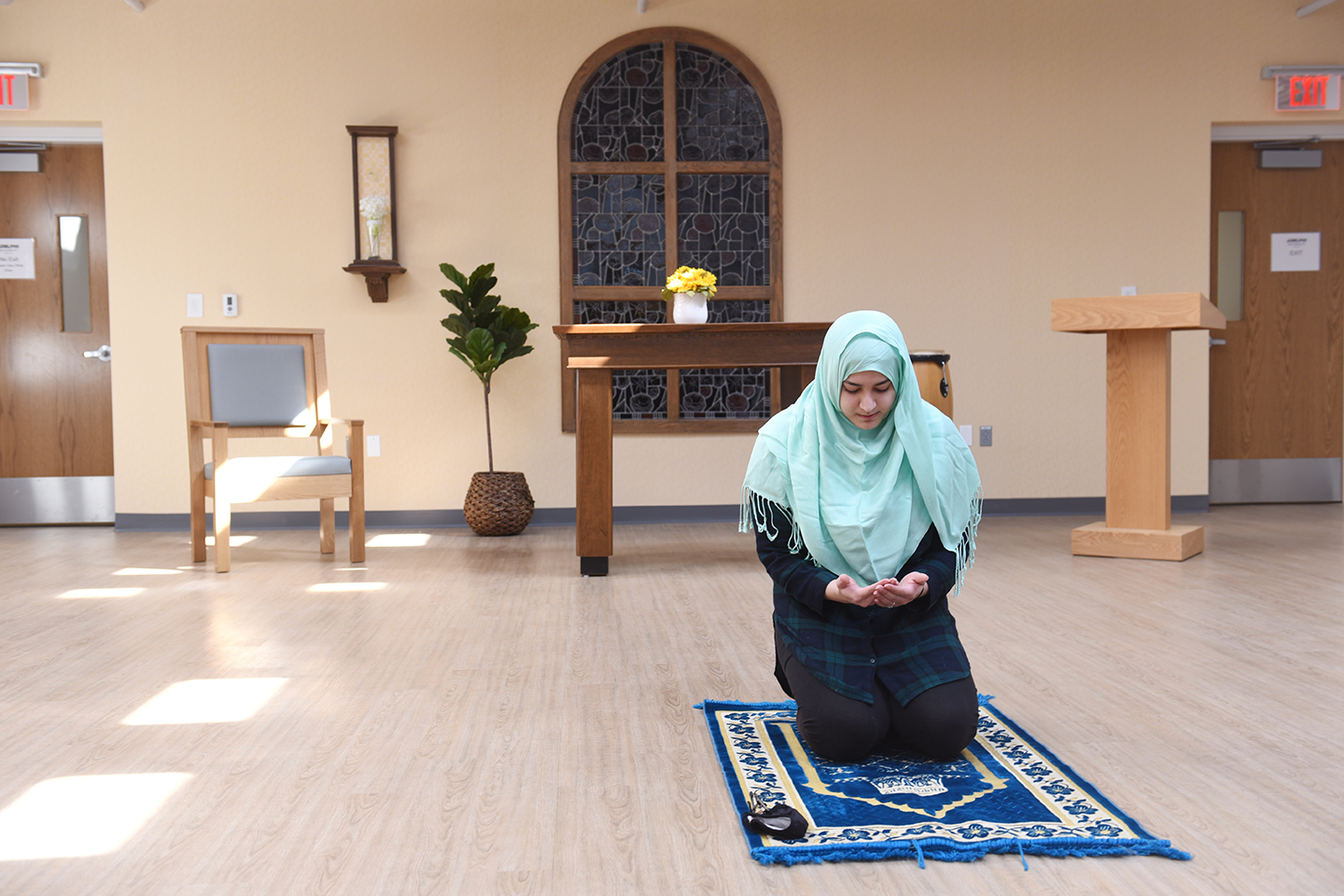 AdelphiU's tweet card. On Adelphi's busy campus, there's a place where students, faculty and staff can find a moment for prayer or reflection and meet with others to worship, enjoy a meal or share ideas.