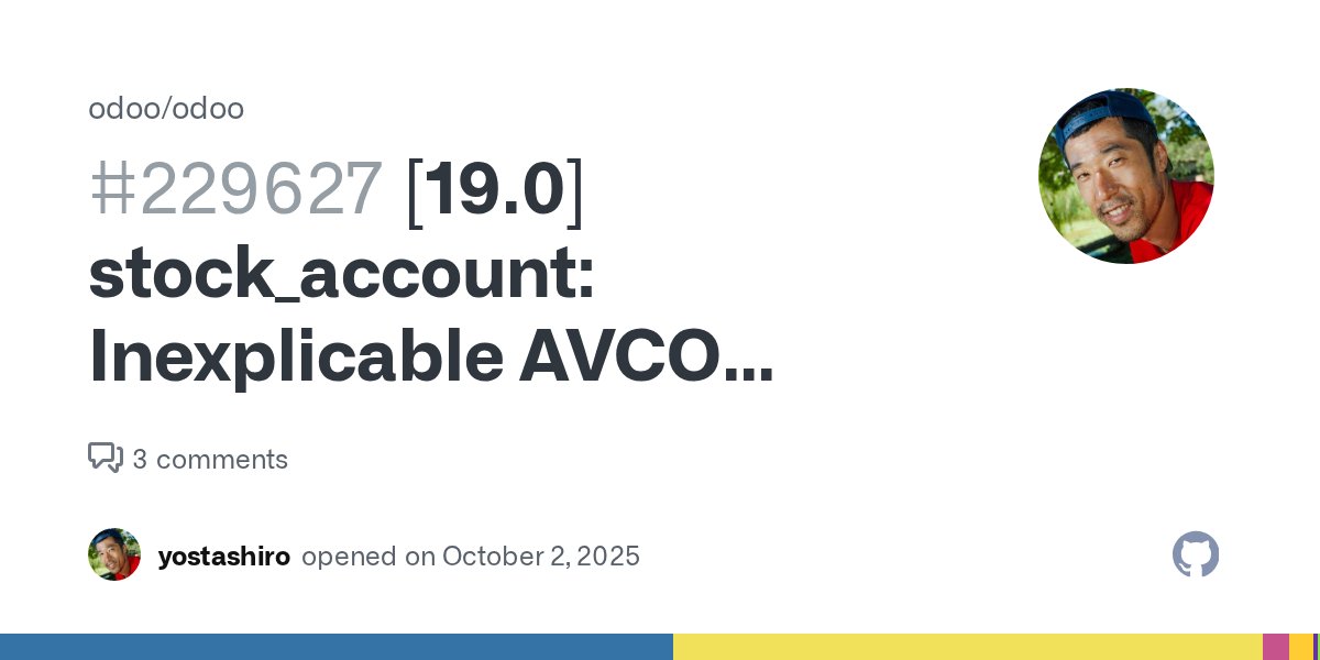 yostashiro's tweet card. Odoo Version 17.0 18.0 19.0 Other (specify) Steps to Reproduce Create a product category for AVCO Create a product with the AVCO product category Create a purchase order for the product for 3 piece...