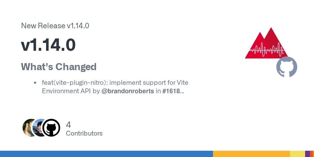 brandontroberts's tweet card. What's Changed feat(vite-plugin-nitro): implement support for Vite Environment API by @brandonroberts in #1618 docs: update version compatibility by @nikosanif in #1619 docs: add nikosanif as ...