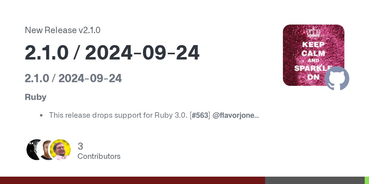 flavorjones's tweet card. 2.1.0 / 2024-09-24 Ruby This release drops support for Ruby 3.0. [#563] @flavorjones Fork safety improvements Sqlite itself is not fork-safe. Specifically, writing in a child process to a databas...
