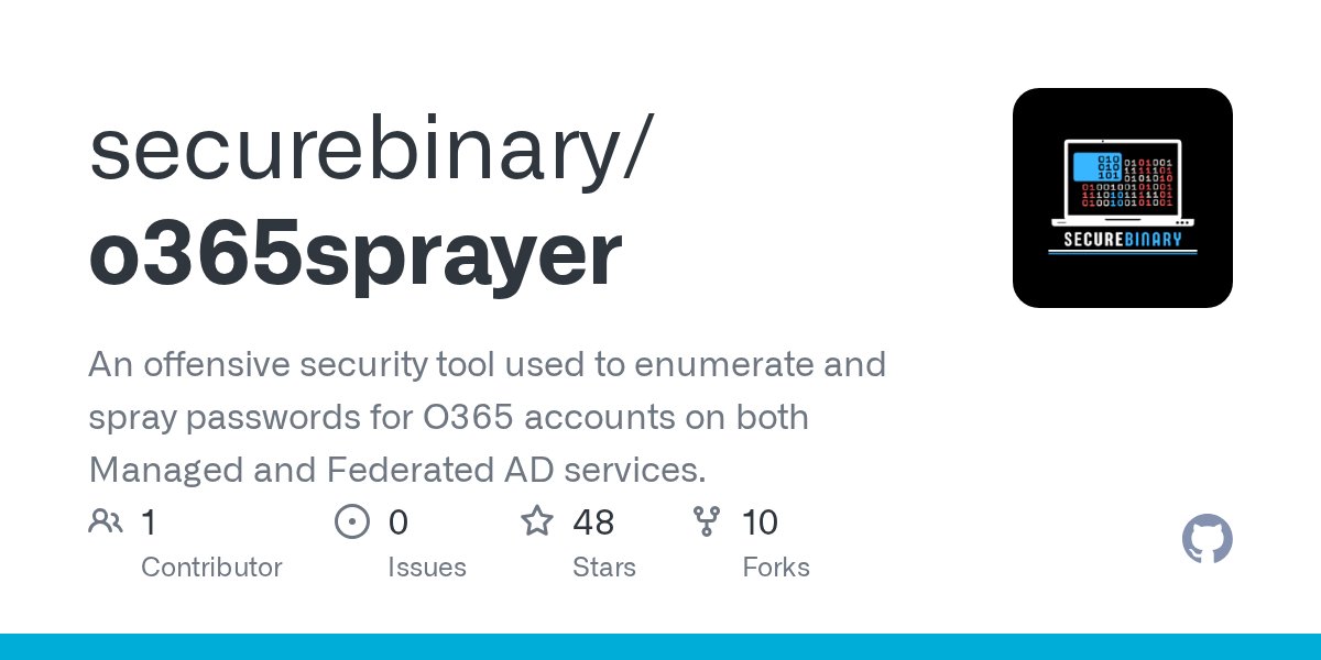 thesecurebinary's tweet card. An offensive security tool used to enumerate and spray passwords for O365 accounts on both Managed and Federated AD services. - securebinary/o365sprayer