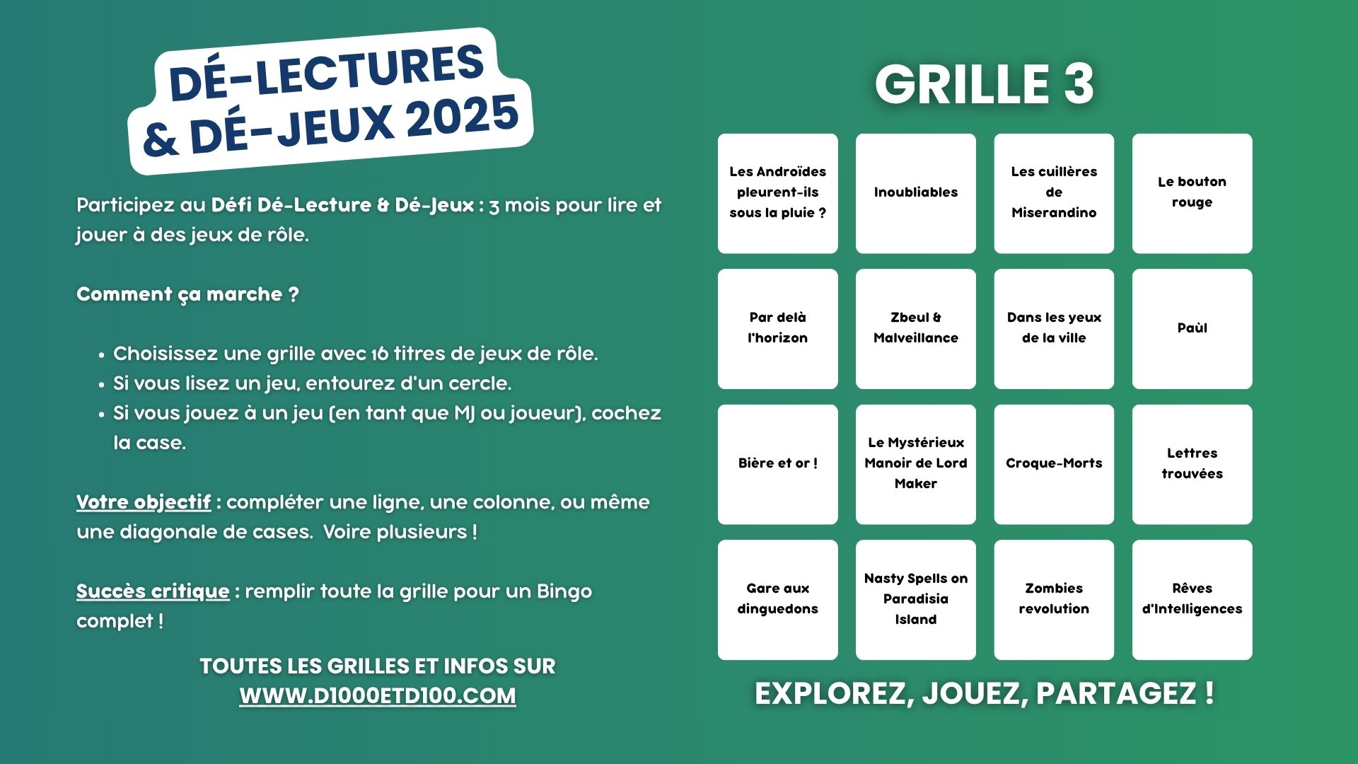 D1000_et_D100's tweet card. Participez au défi Dé-Lecture & Dé-Jeux 2025 : lisez, jouez et explorez 3 grilles de jeux de rôle gratuits, accessibles en ligne tout l’été.