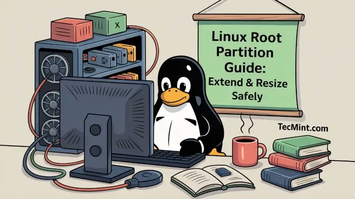 tecmint's tweet card. In this article, we explain how to safely extend your Linux root partition (/) using GParted or LVM, with step-by-step instructions for beginners.