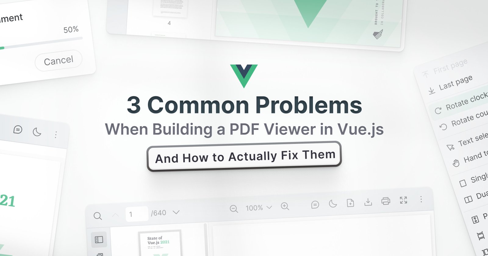 VuePDF's tweet card. Solutions for building a PDF viewer in Vue.js include smooth scrolling, toolbar customization, and reliable print preview