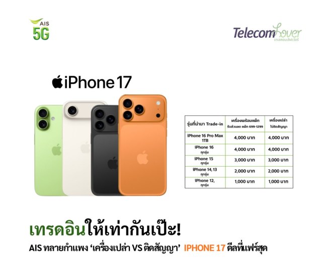 TelecomLover's tweet card. อันนี้ดีต้องขยาย! สำหรับคนที่กำลังดูๆอยู่ว่าจะเปลี่ยนเครื่องใหม่ iPhone 17 Series  ที่ไหนดี ลองดูทางนี้ คุณอาจจะพบจุดที่ลงตัวที่สุด คุ้มค่ากับสไตล์การใช้งานของคุณมากที่สุด เพราะที่  AIS ลูกค้าที่ซื้อ...