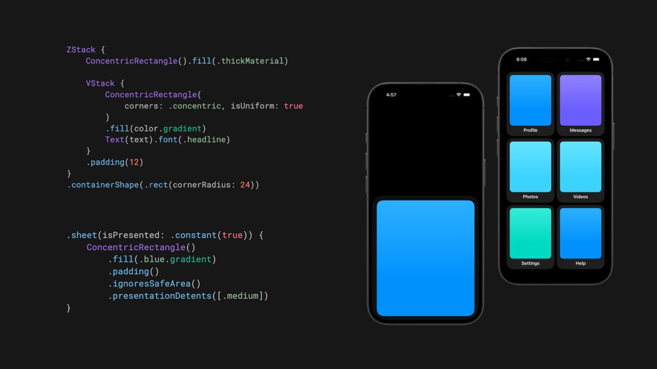 NilCoalescing's tweet card. Make your views and controls fit perfectly within their containers using new SwiftUI APIs in iOS 26 such as the ConcentricRectangle shape and the containerShape() view modifier.