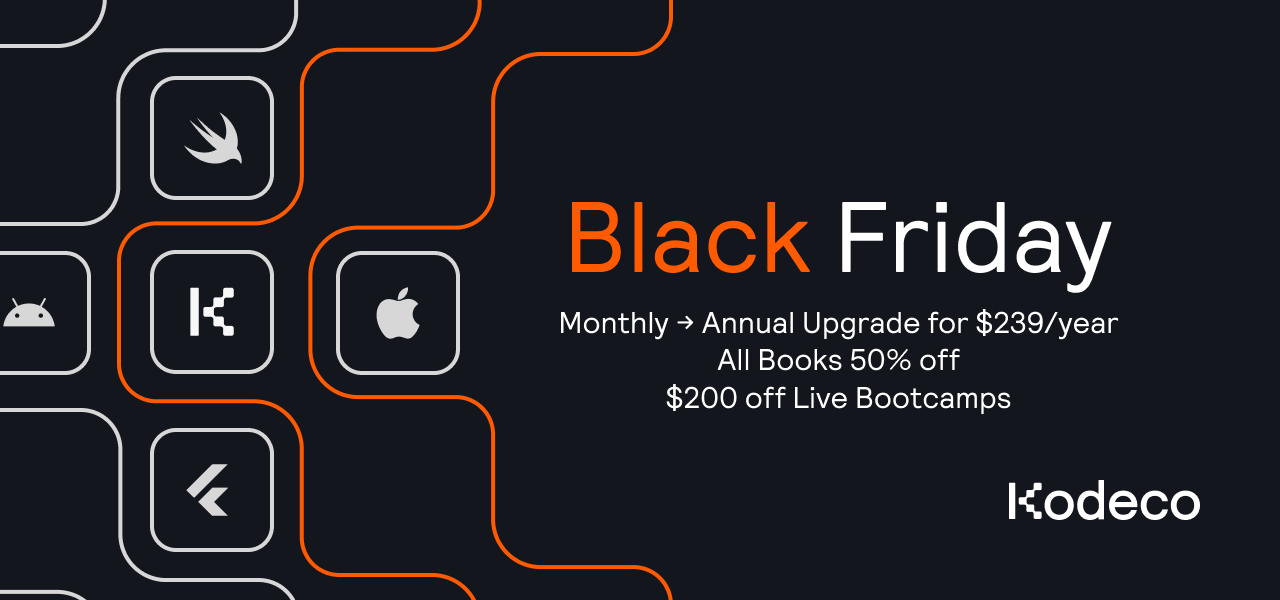 kodecodev's tweet card. Grab our best deal of the year: unlimited access to all content on our site for just $299/year, $200 off all live bootcamps, and 50% off all books!