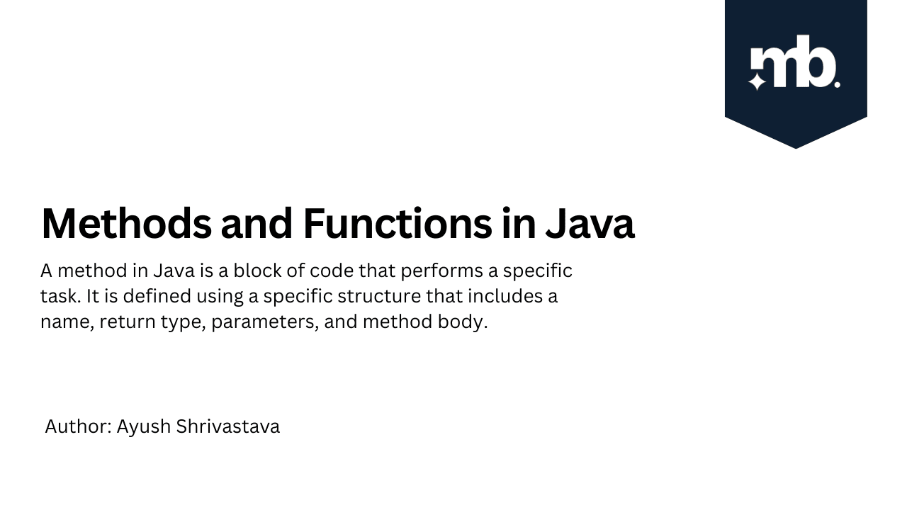 master_backend's tweet card. One of the key components of Java programming is methods (also referred to as functions in some contexts). They help in code reusability, modularity, and maintainability. In this blog, we will...