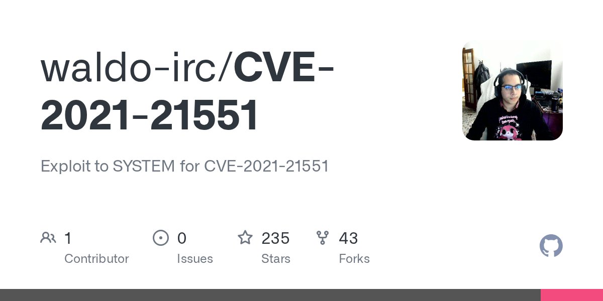 waldoirc's tweet card. Exploit to SYSTEM for CVE-2021-21551. Contribute to waldo-irc/CVE-2021-21551 development by creating an account on GitHub.