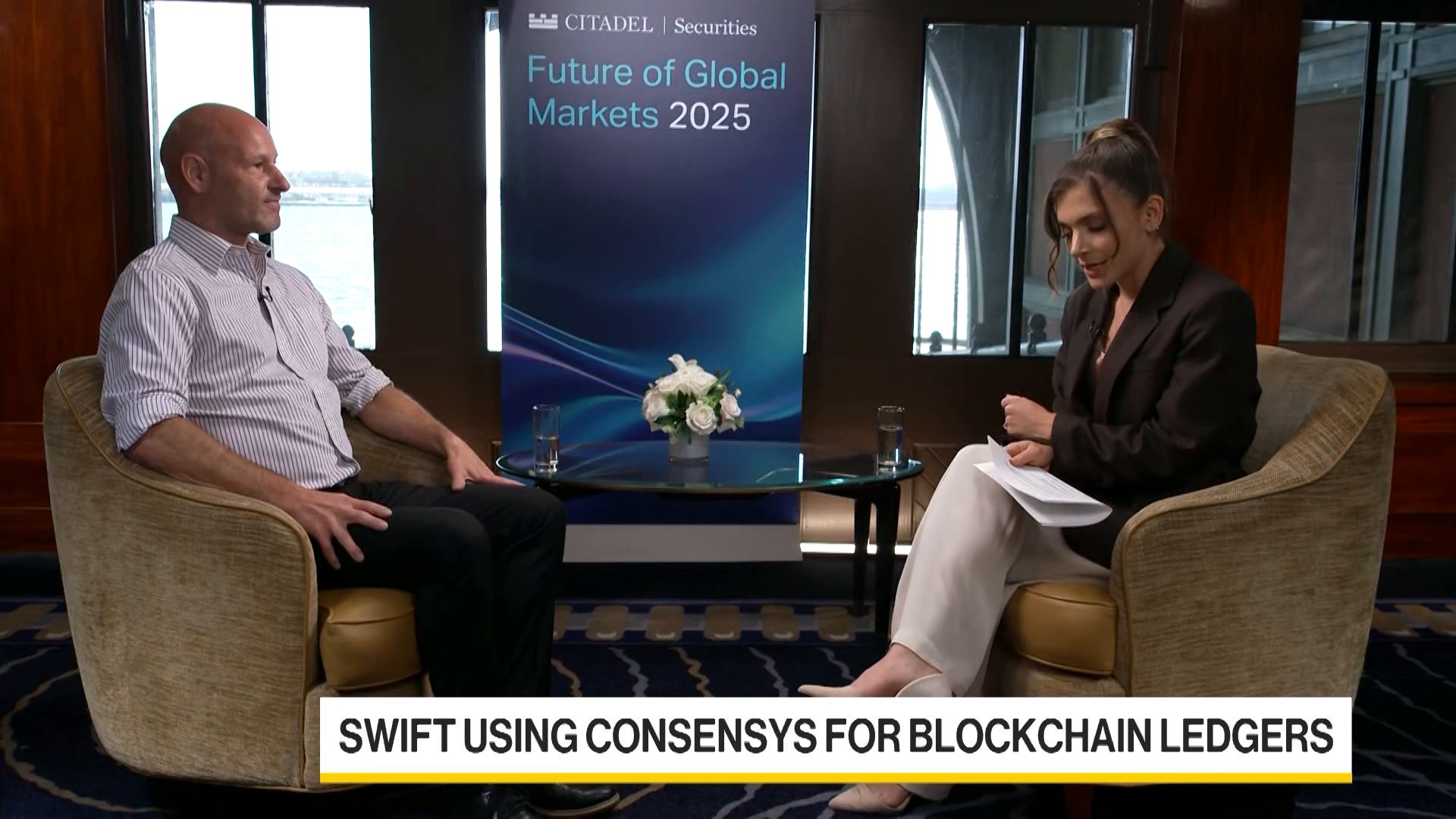 Dan_CrYpT0's tweet card. Consensys founder and CEO and Ethereum co-founder Jo Lubin discusses Swift using Consensys for potential blockchain ledgers. In an interview with Dani Burger on Bloomberg Crypto he says creating...