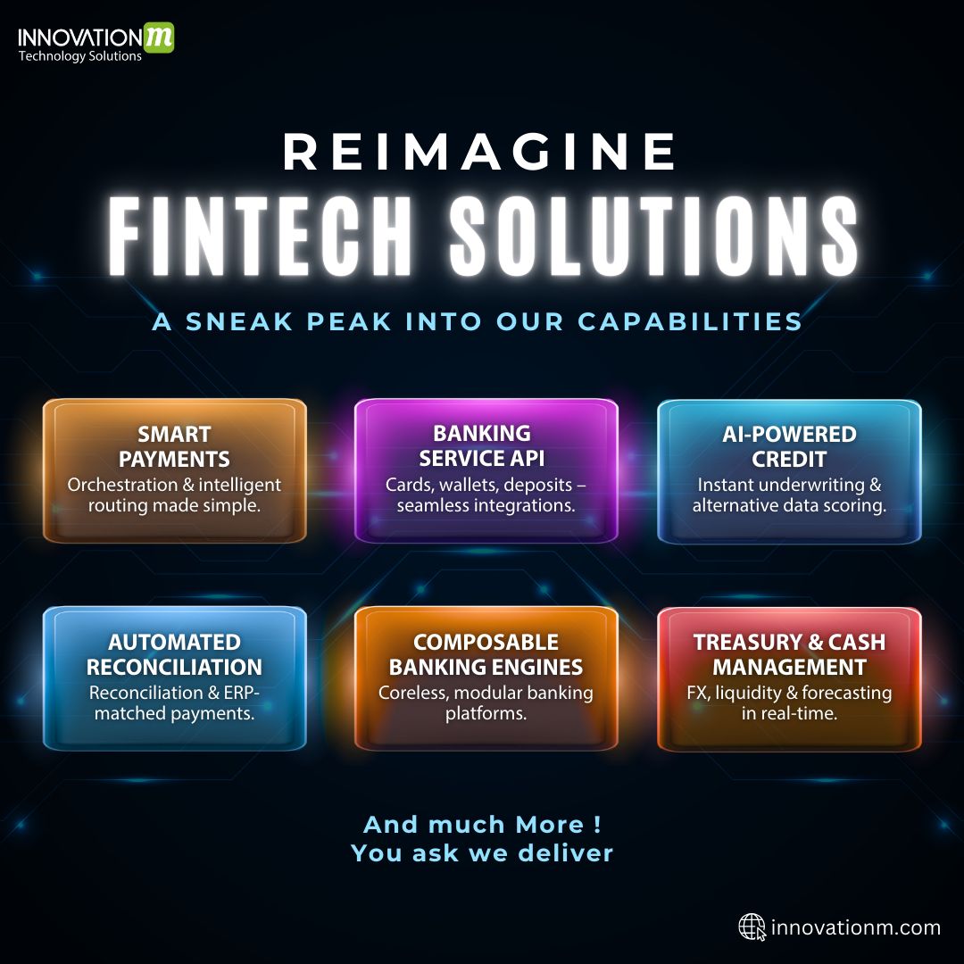 InnovationM_'s tweet card. Reimagining fintech isn’t about ideas, it’s about building secure, scalable, and future-ready solutions. From smart payments to AI-powered credit, we deliver what modern finance needs today and...
