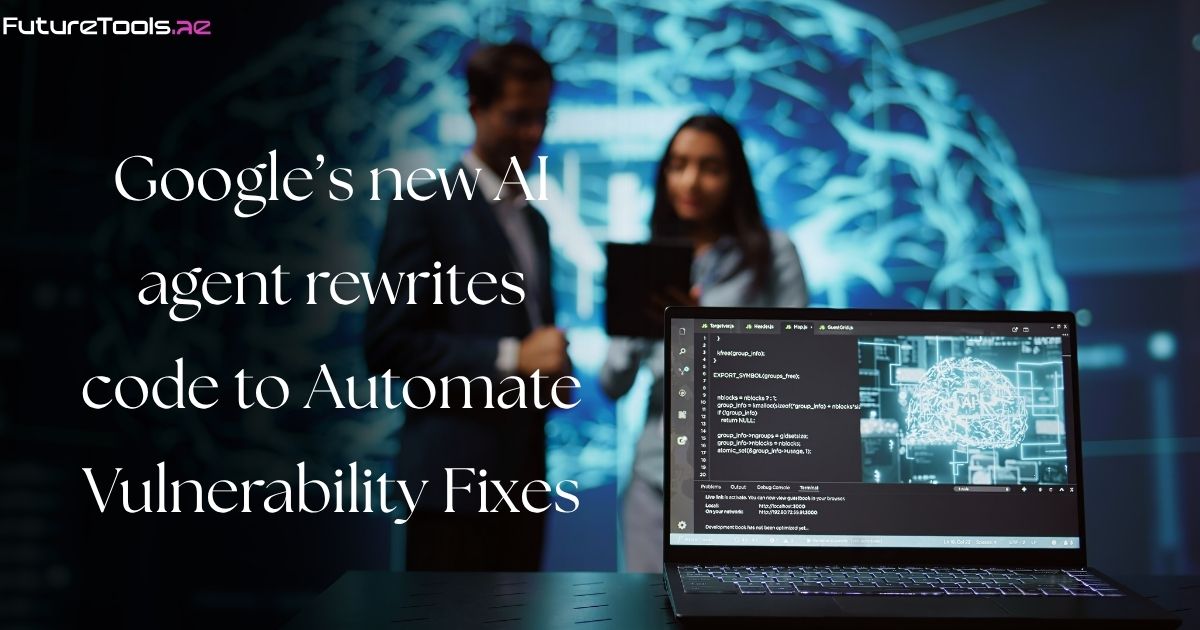 FutureTools_ae's tweet card. Google’s CodeMender AI automates software security fixing vulnerabilities and revolutionizing code protection, featured on FutureTools.