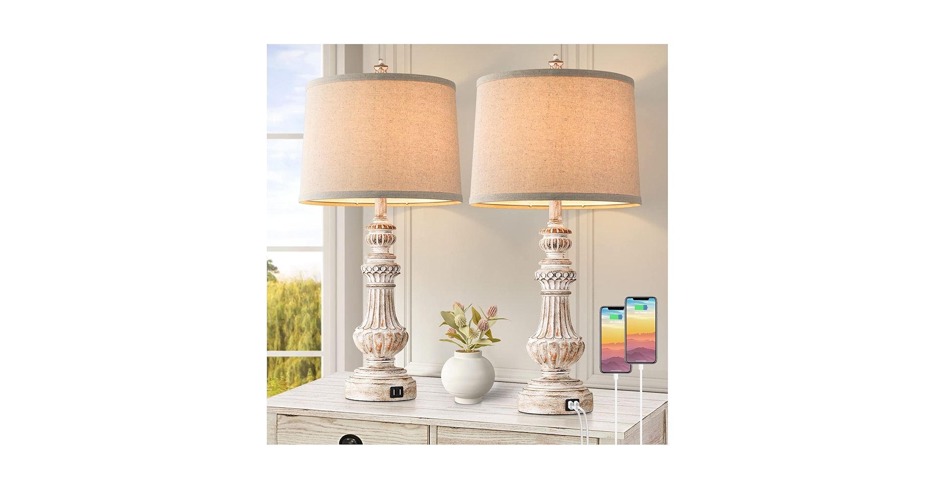 HomeDesignAM's tweet card. Tall Table Lamps Set of 2, 28” Vintage Table Lamps with Dual USB Ports, Resin Bedside Lamps with...