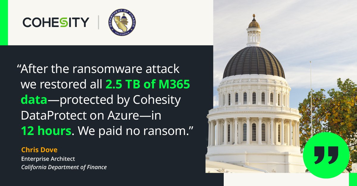 JasonJoder's tweet card. California Department of Finance selected Cohesity DataProtect delivered as a service, hosted on Microsoft Azure to protect M365 data.