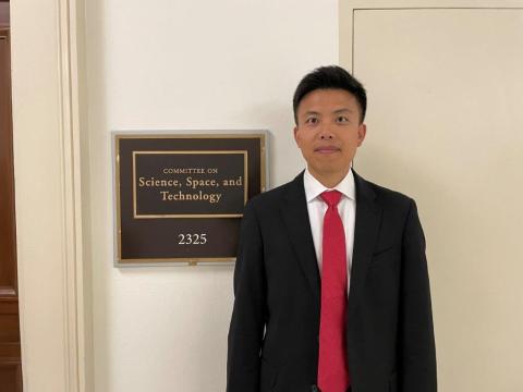 gwuengineering's tweet card. MAE Prof. Peng Wei discussed AI safety and cybersecurity for autonomous aircraft in a Capitol Hill talk, highlighting his NASA-funded project's impact on future urban airspaces.