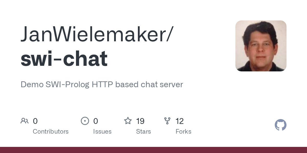 bpdp's tweet card. Demo SWI-Prolog HTTP based chat server. Contribute to JanWielemaker/swi-chat development by creating an account on GitHub.