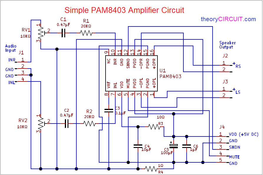 theorycircuit's tweet card. 3W Class D Audio Amplifier designed by using IC PAM8403, This IC is a filter less 3W Class D stereo Audio Amplifier, with few easily available external components Simple PAM8403…