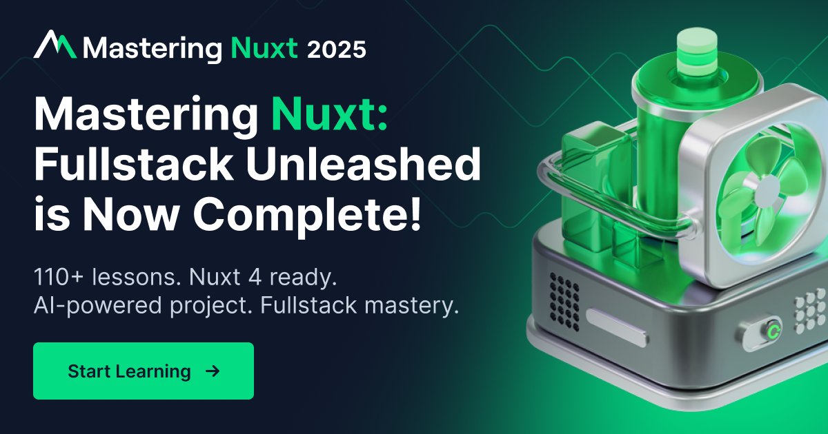MasteringNuxt's tweet card. The complete guide to developing and deploying fast, production-ready Nuxt apps. MasteringNuxt is the most in-depth, fun, and realistic course made on Nuxt.