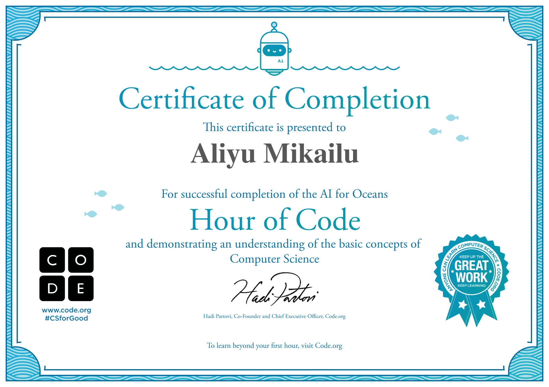 Aliyu92161744's tweet card. Certificate for completion of AI for Oceans
