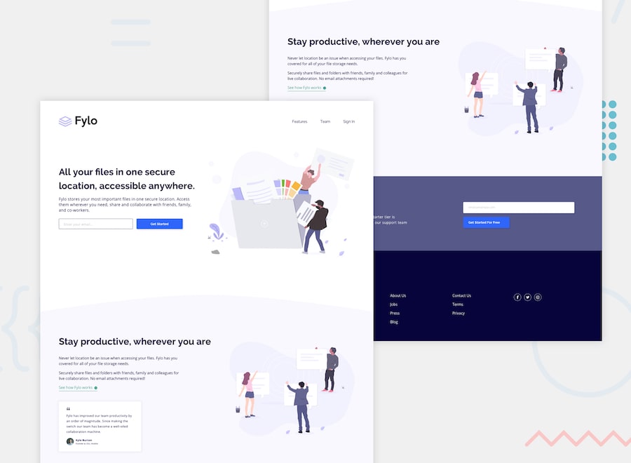 CoderQuant58131's tweet card. kevorklepedjian1's front-end solution for the Fylo landing page with two column layout coding challenge on Frontend Mentor