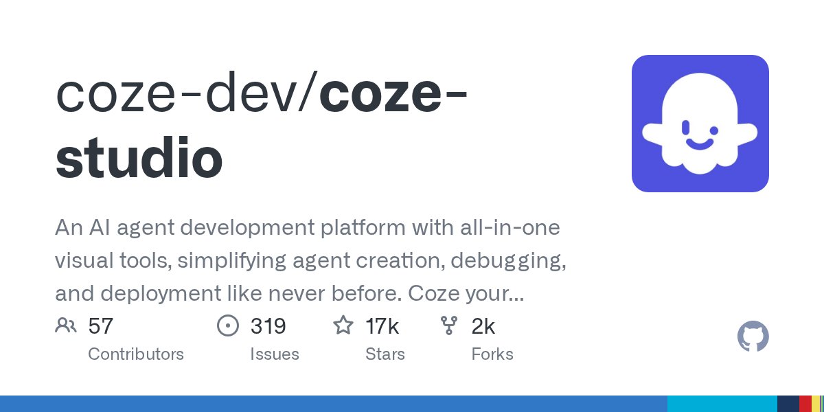 github_trends's tweet card. An AI agent development platform with all-in-one visual tools, simplifying agent creation, debugging, and deployment like never before. Coze your way to AI Agent creation. - coze-dev/coze-studio