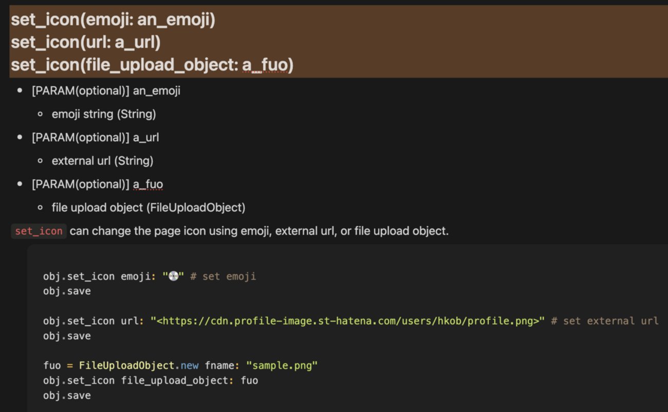 hkob's tweet card. hkob の雑記録第184回は、NotionRubyMapping の Page block のマニュアル修正に関する内容です。目次や見出しの修正、set_cover メソッドの追加、set_icon のオプション追加が行われました。(要約 by Notion AI)
