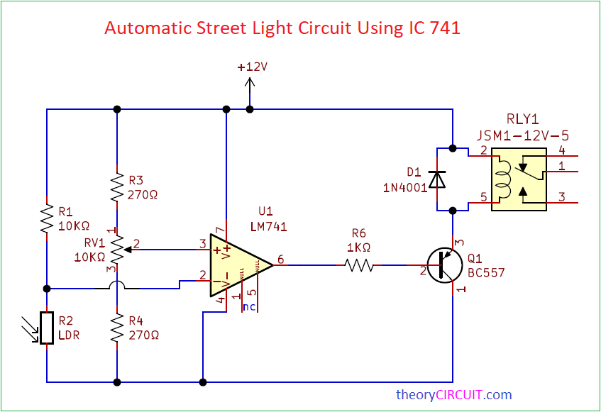 theorycircuit's tweet card. Simple Automatic Street Light Circuit Using IC 741 is easy to construct with few easily available components. In this circuit LDR (light depended Resistor) is used as a light-dark Sensor.…