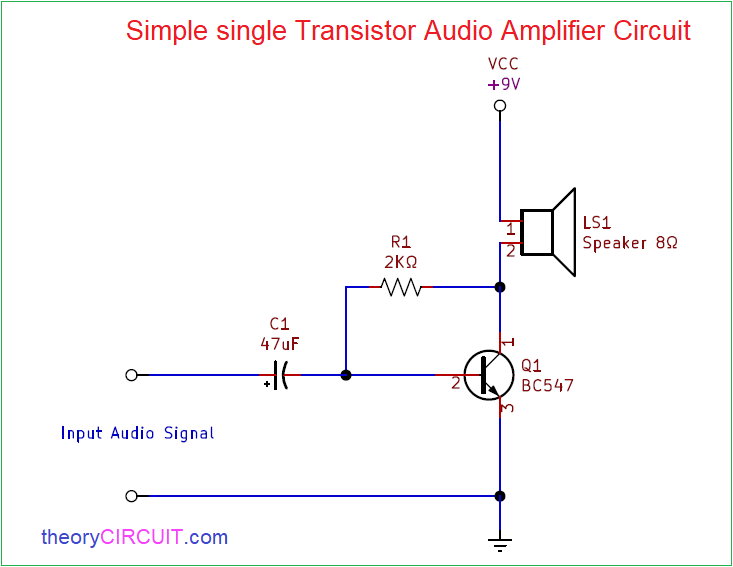 theorycircuit's tweet card. If you want to built simple audio amplifier without messy components then you can construct simple single transistor audio amplifier circuit using BC547 and Resistor, Capacitor. This circuit can...
