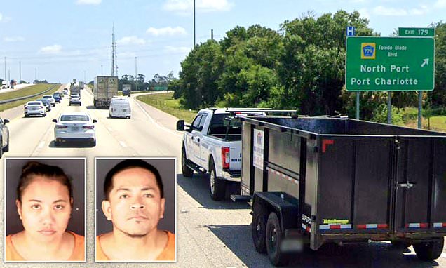 DailyMail's tweet card. A Florida couple was arrested after police said they kicked their 16-year-old son out of the car while on a trip. They gave him two semiautomatic pistols and some cash, according to court records.