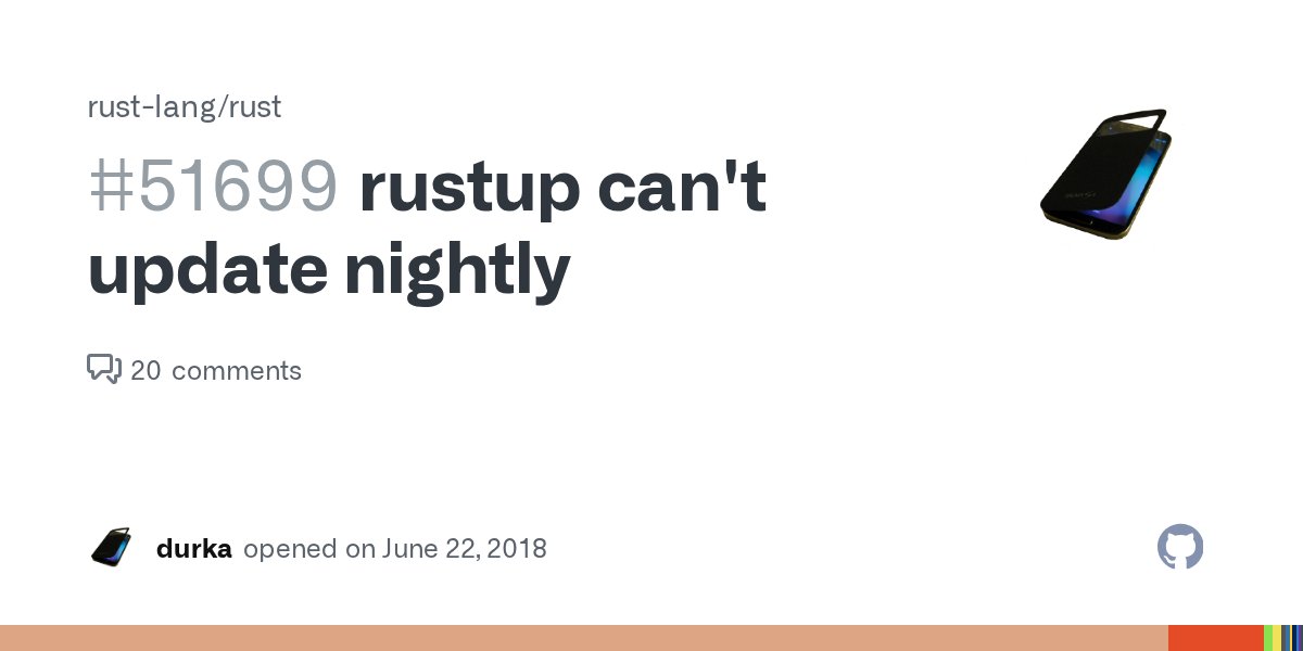 RustStatus's tweet card. There seems to be a malformed URL in the rustup manifest since 1.27 got released today. durska:rust alex$ rustup self update info: checking for self-updates durska:rust alex$ rustup update info: sy...