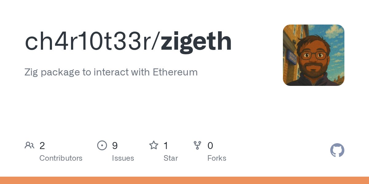 ch4r10t33r's tweet card. Zig package to interact with Ethereum. Contribute to ch4r10t33r/zigeth development by creating an account on GitHub.