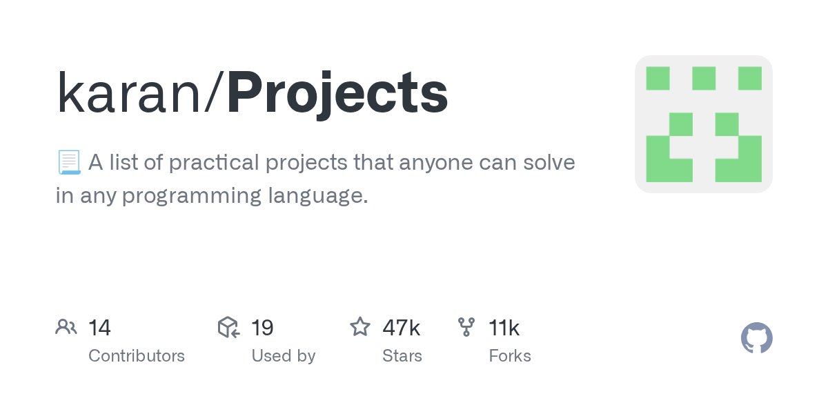 ShubhDJ191's tweet card. :page_with_curl: A list of practical projects that anyone can solve in any programming language. - karan/Projects