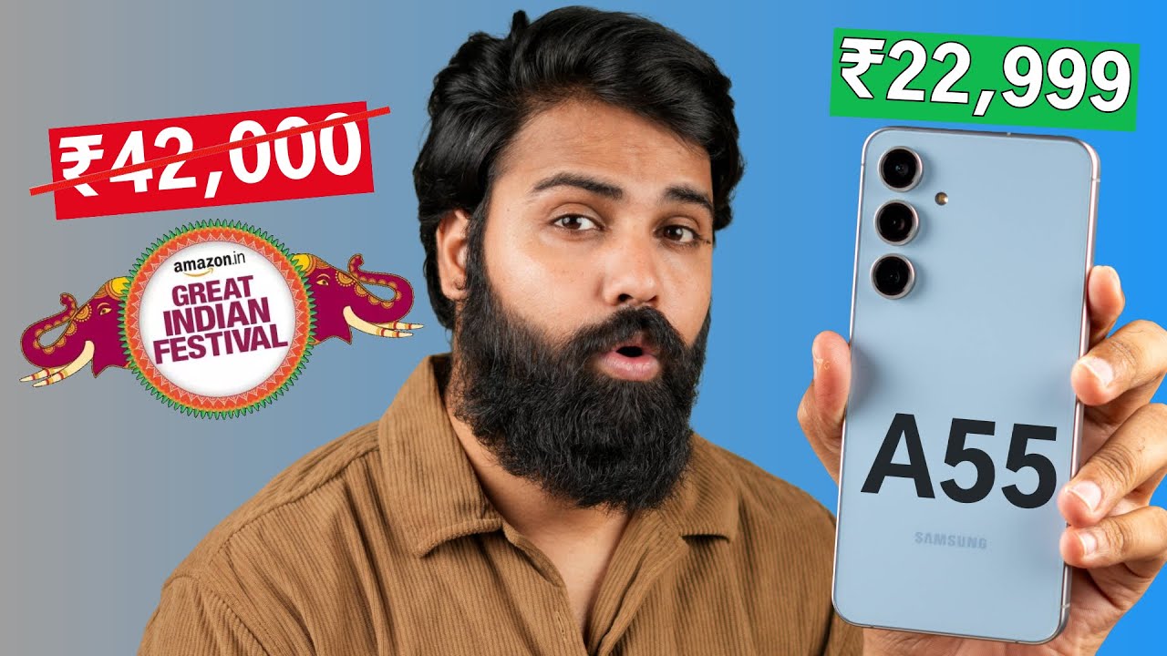 geekabhishek_'s tweet card. Samsung A55 at ₹22,999 Worth in 2025 in Amazon Great Indian Festival...