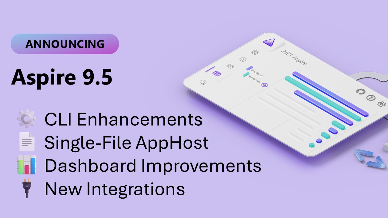 csharpfritz's tweet card. Aspire 9.5 adds the preview 'aspire update' command, single-file AppHost, richer CLI and dashboard UX, and new integrations for AI, DevTunnels, and more.
