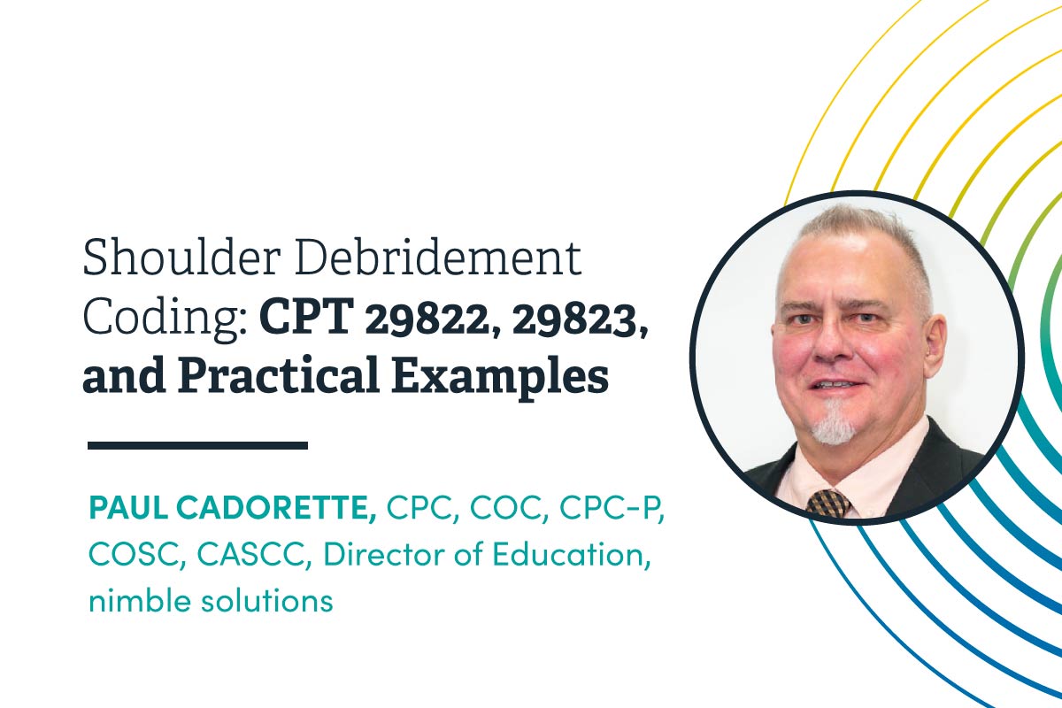nimblercm's tweet card. Shoulder debridement is a common orthopedic surgery, yet there is confusion concerning its two main codes CPT 29822 and 29823.