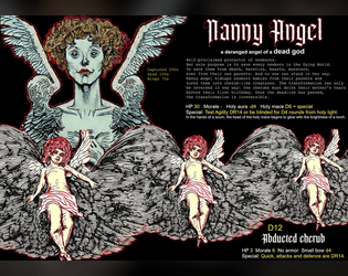 ijlong90's tweet card. Concept: “deranged angel of a dead god” Content: Probably the best nanny in the Dying Lands. Truly. Writing: Well-intentioned angelic action. I’m not sure what those parents are so upset about....