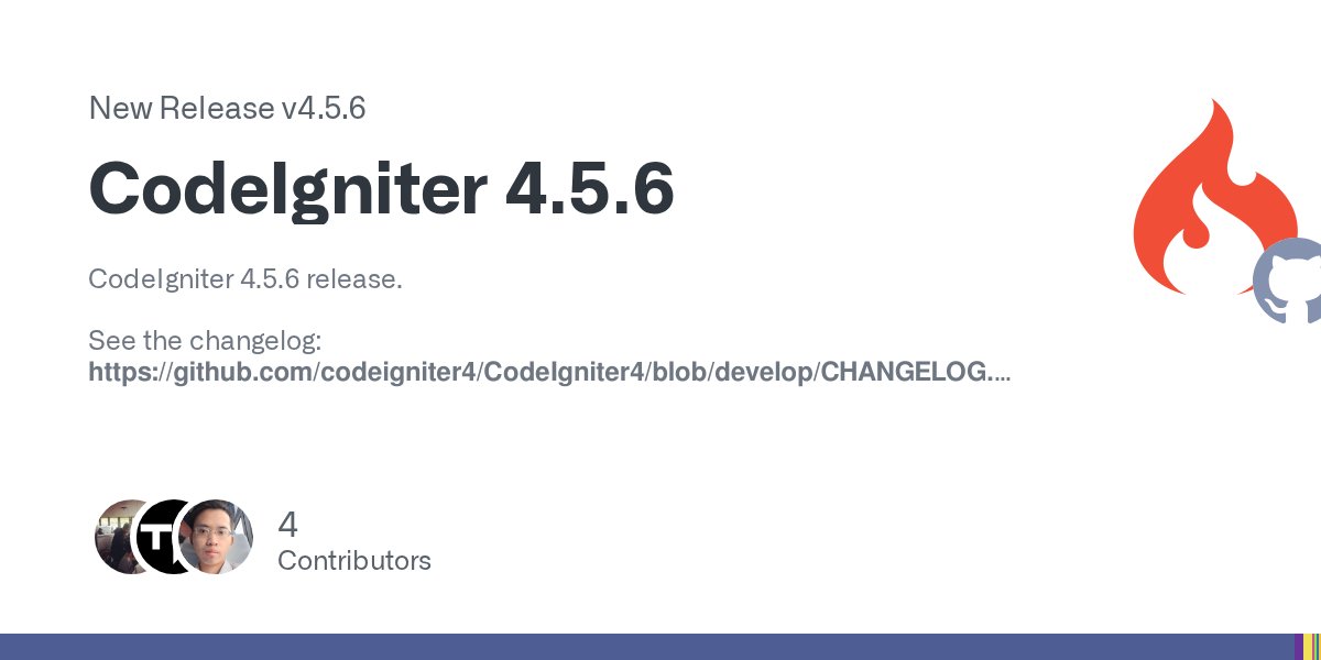 CodeIgniterPhp's tweet card. CodeIgniter 4.5.6 release. See the changelog: https://github.com/codeigniter4/CodeIgniter4/blob/develop/CHANGELOG.md New Contributors @CosDiabos made their first contribution in #9246 @JulianAtkin...