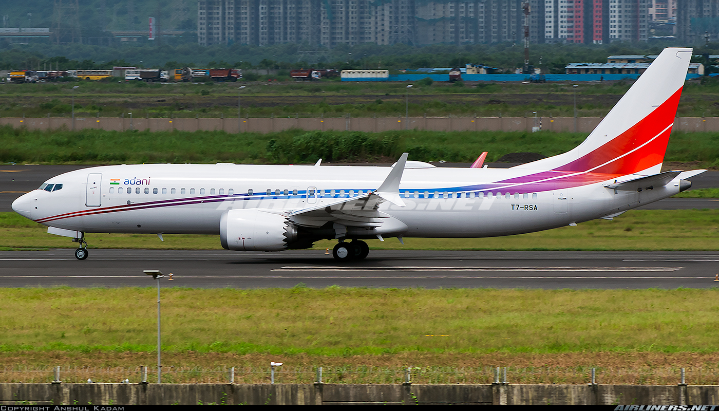 airliners_net's tweet card. A historic takeoff! The Adani Group Boeing B737 MAX 8 BBJ, with Mr. Gautam Adani onboard departing from runway 26 at Navi Mumbai International Airport for its flight to AMD as T7RSA. This marks the...
