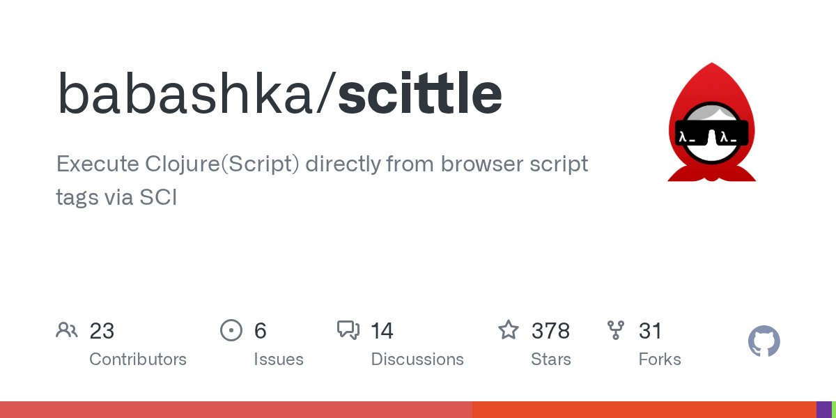 borkdude's tweet card. Execute Clojure(Script) directly from browser script tags via SCI - babashka/scittle