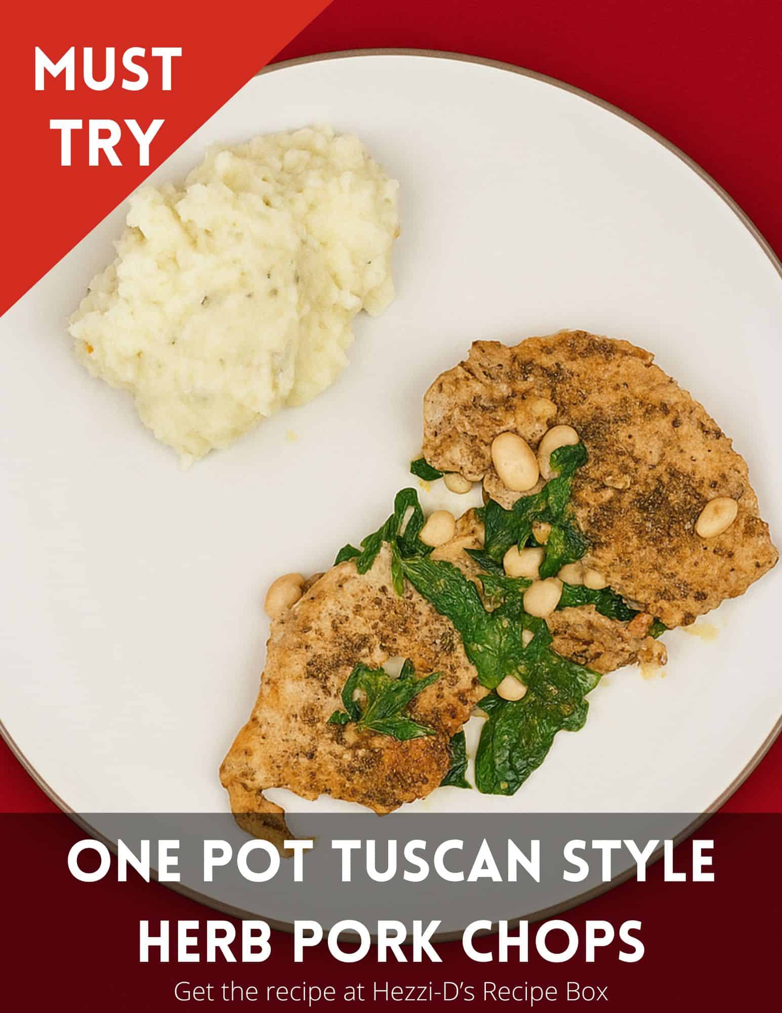 HezziD's tweet card. These Pork Chops are simmered in a flavorful herb vinaigrette.🍋 Served with lemony spinach & tender white beans for a fresh, hearty meal that’s weeknight easy. #OnePotMeals #PorkChops #TuscanFlavors