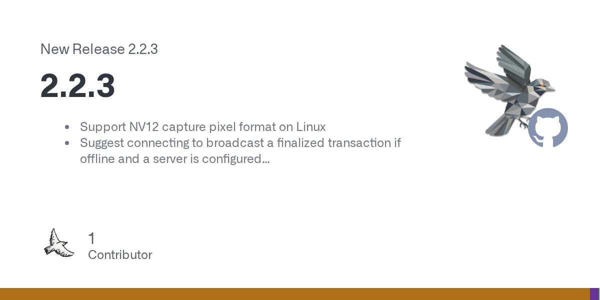SparrowWallet's tweet card. Support NV12 capture pixel format on Linux Suggest connecting to broadcast a finalized transaction if offline and a server is configured Suggest opening the Send To Many dialog when adding multiple...