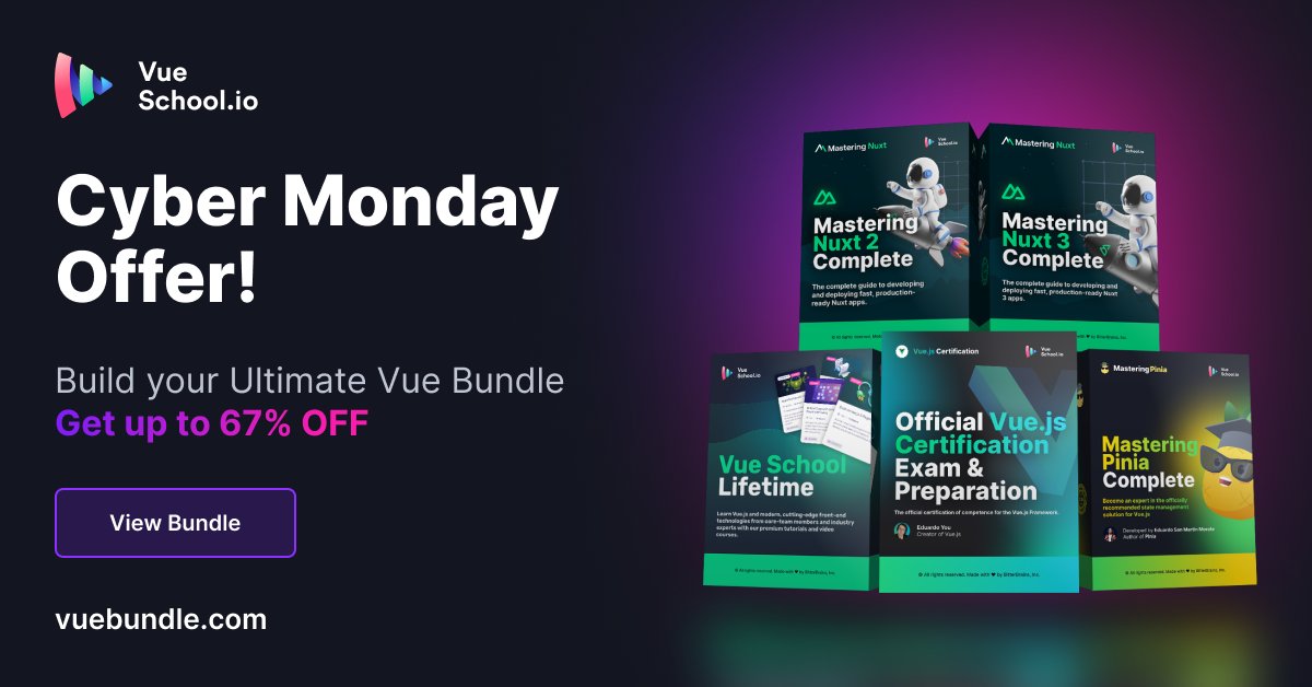 VueSchool_io's tweet card. Get in on the biggest price drop ever at Vue School! From the equivalent of $10 per month, get access to over 1,300 premium video lessons on a yearly plan.