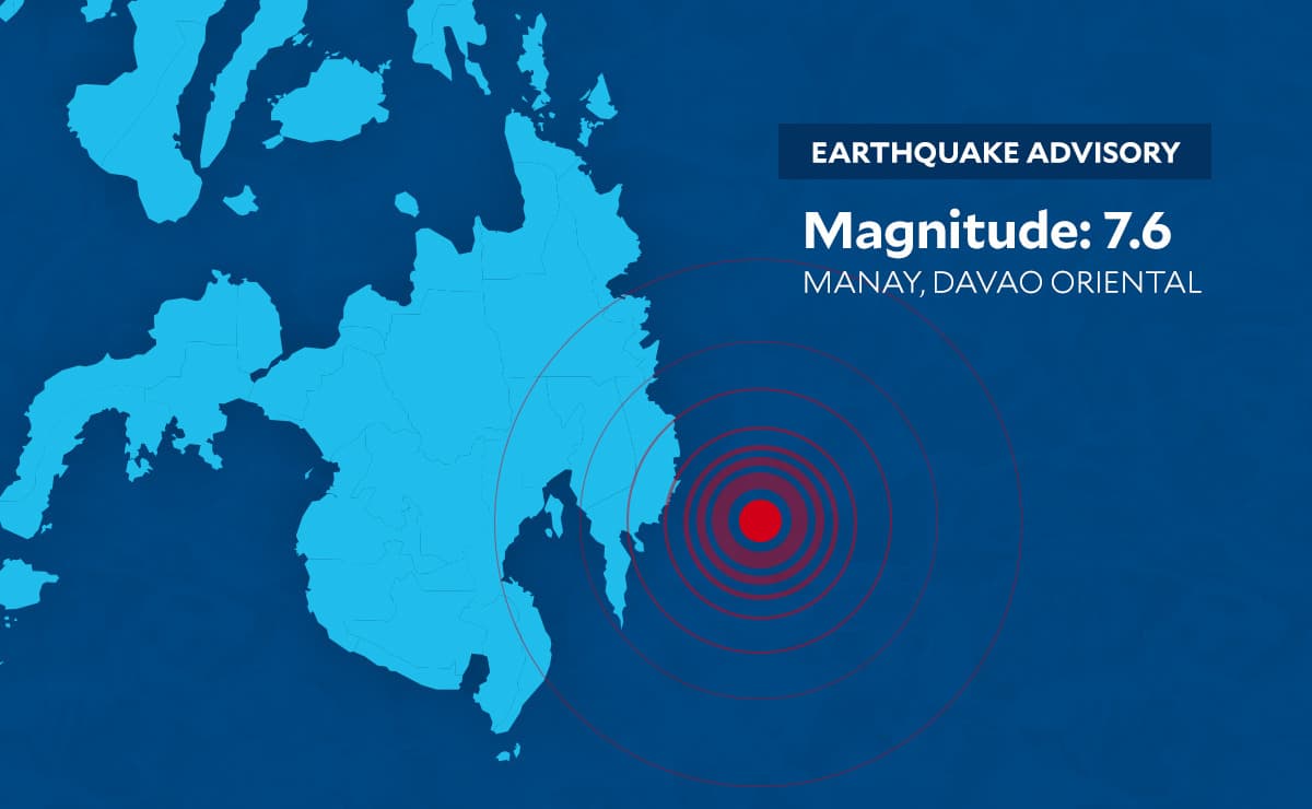 inquirerdotnet's tweet card. A magnitude 7.6 struck southeast of Manay, Davao Oriental, at 9:43 a.m. on Friday, according to the Phivolcs.