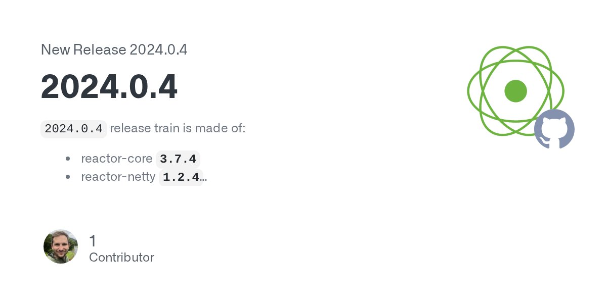 ProjectReactor's tweet card. 2024.0.4 release train is made of: reactor-core 3.7.4 reactor-netty 1.2.4 These artifacts didn't have any changes: reactor-addons 3.5.2 reactor-pool 1.1.2 reactor-kotlin-extensions 1.2.3 rea...