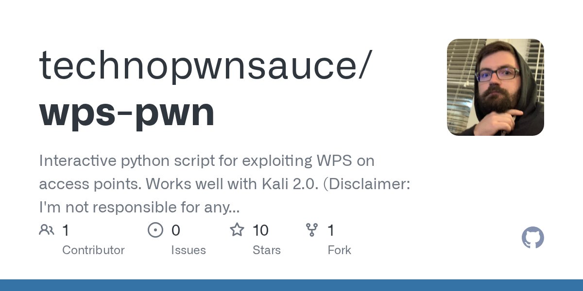 PythonBolivia's tweet card. Interactive python script for exploiting WPS on access points. Works well with Kali 2.0. (Disclaimer: I'm not responsible for any illegal activity engage in, i.e. running this on access p...